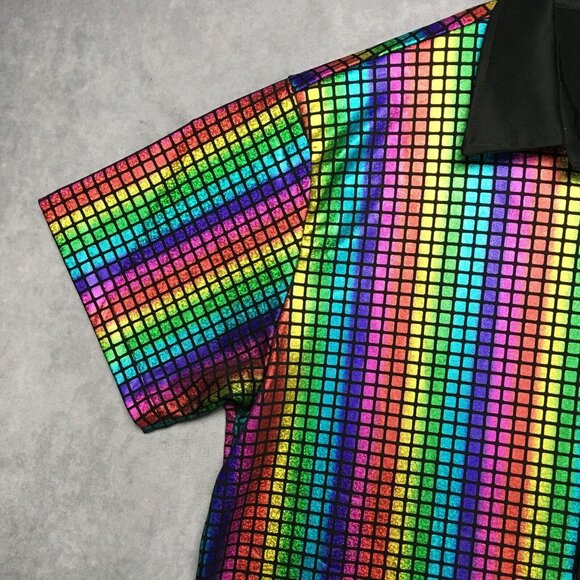 Jogal Mens Shimmer Rainbow Shirt size Large Button Up Short Sleeve Sequence - Picture 4 of 11